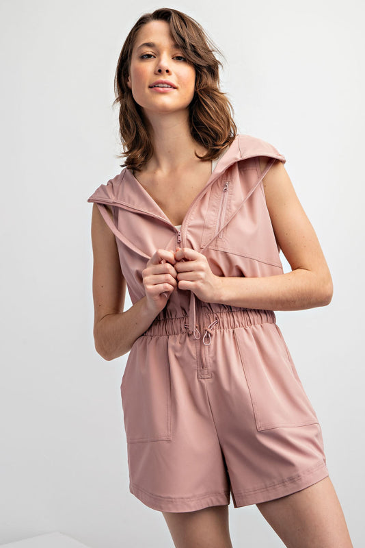 HEAVY POLY STRETCH WOVEN SLEEVELESS HOODIE ROMPER