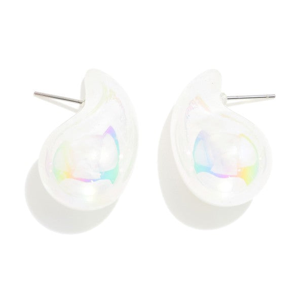 Metallic Abalone Puffy Teardrop Stud Earrings