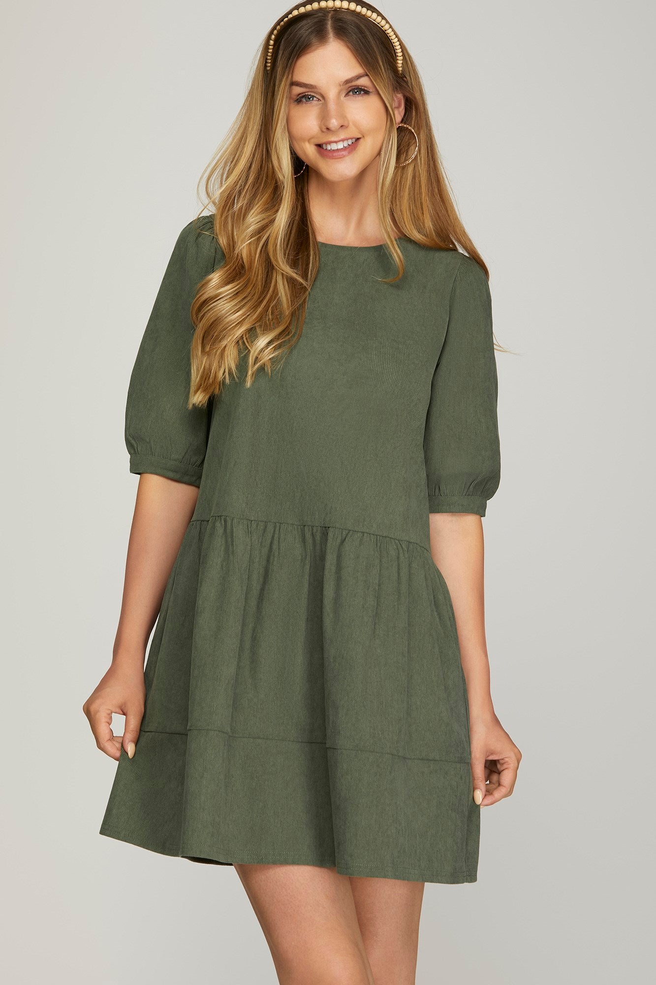 HALF SLEEVE WOVEN CORDUROY DRESS WITH SIDE POCKETS