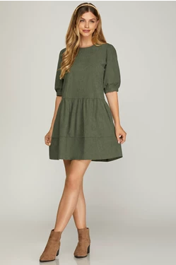 HALF SLEEVE WOVEN CORDUROY DRESS WITH SIDE POCKETS