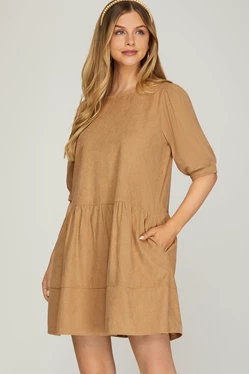 HALF SLEEVE WOVEN CORDUROY DRESS WITH SIDE POCKETS