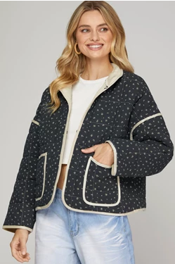 Stand Collar Floral Print Quilted Jacket