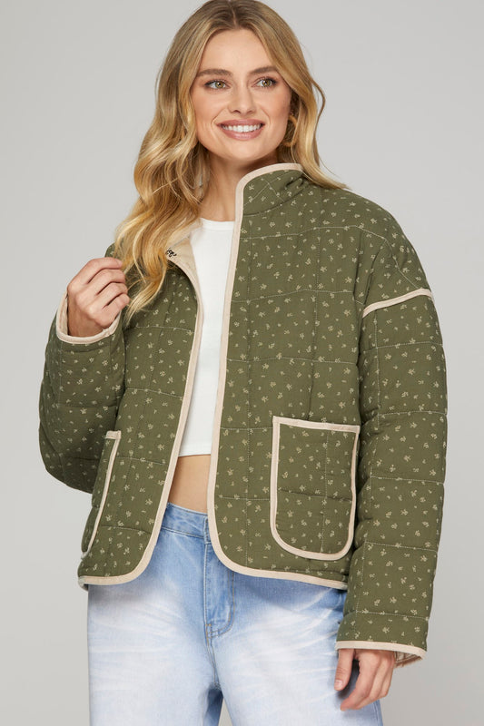 Stand Collar Floral Print Quilted Jacket