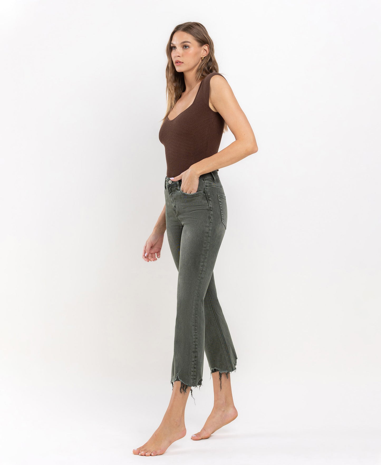 Bella- HIGH RISE DISTRESSED HEM CROP FLARE JEANS