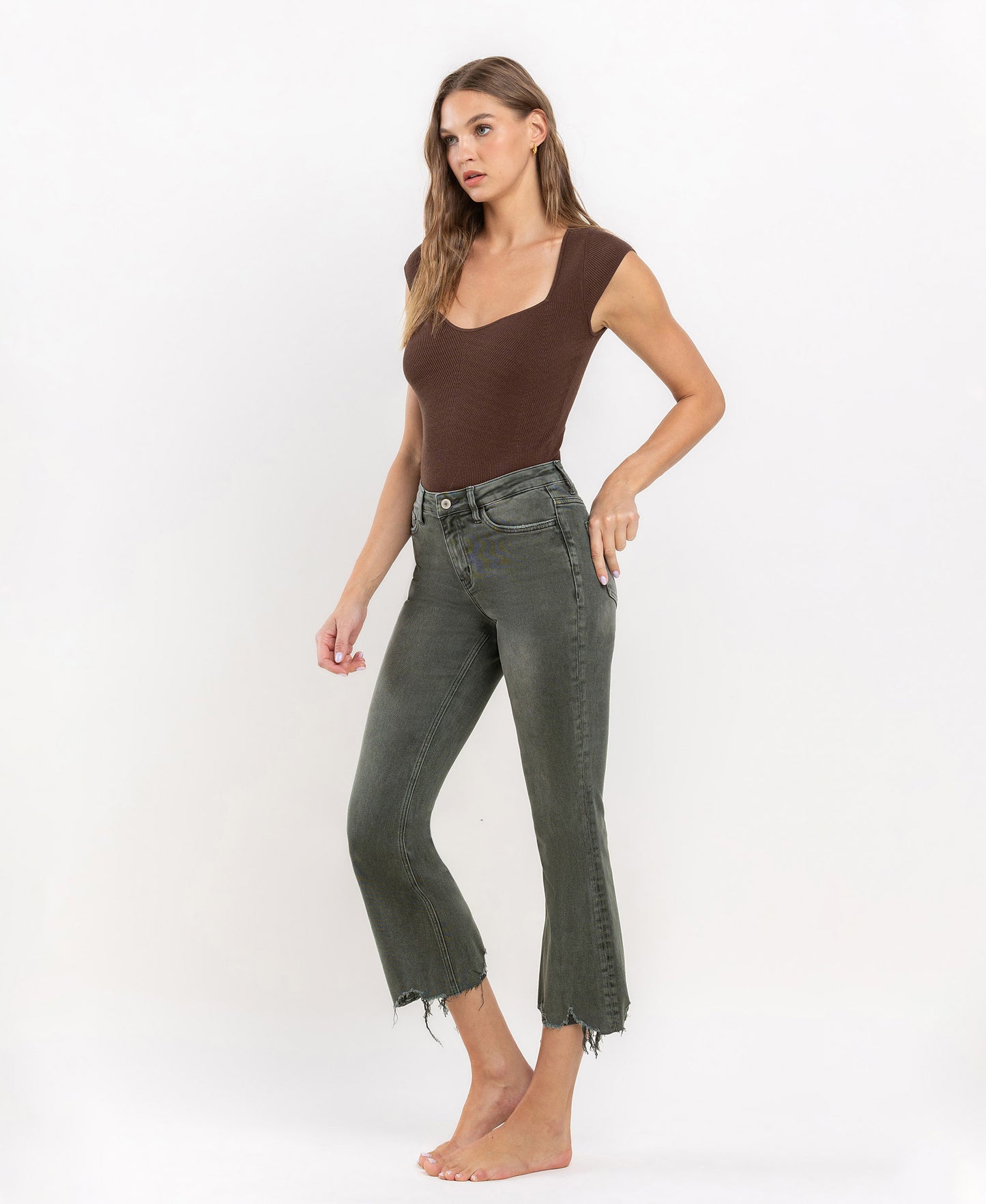 Bella- HIGH RISE DISTRESSED HEM CROP FLARE JEANS