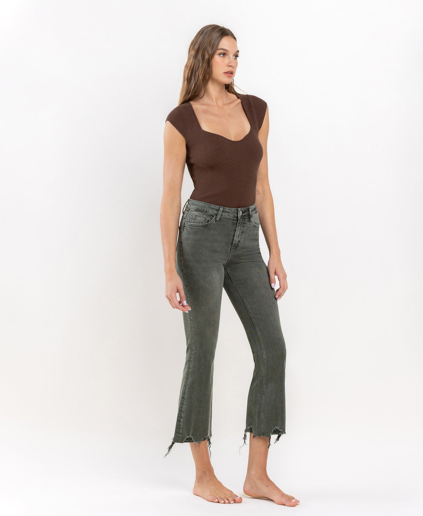 Bella- HIGH RISE DISTRESSED HEM CROP FLARE JEANS