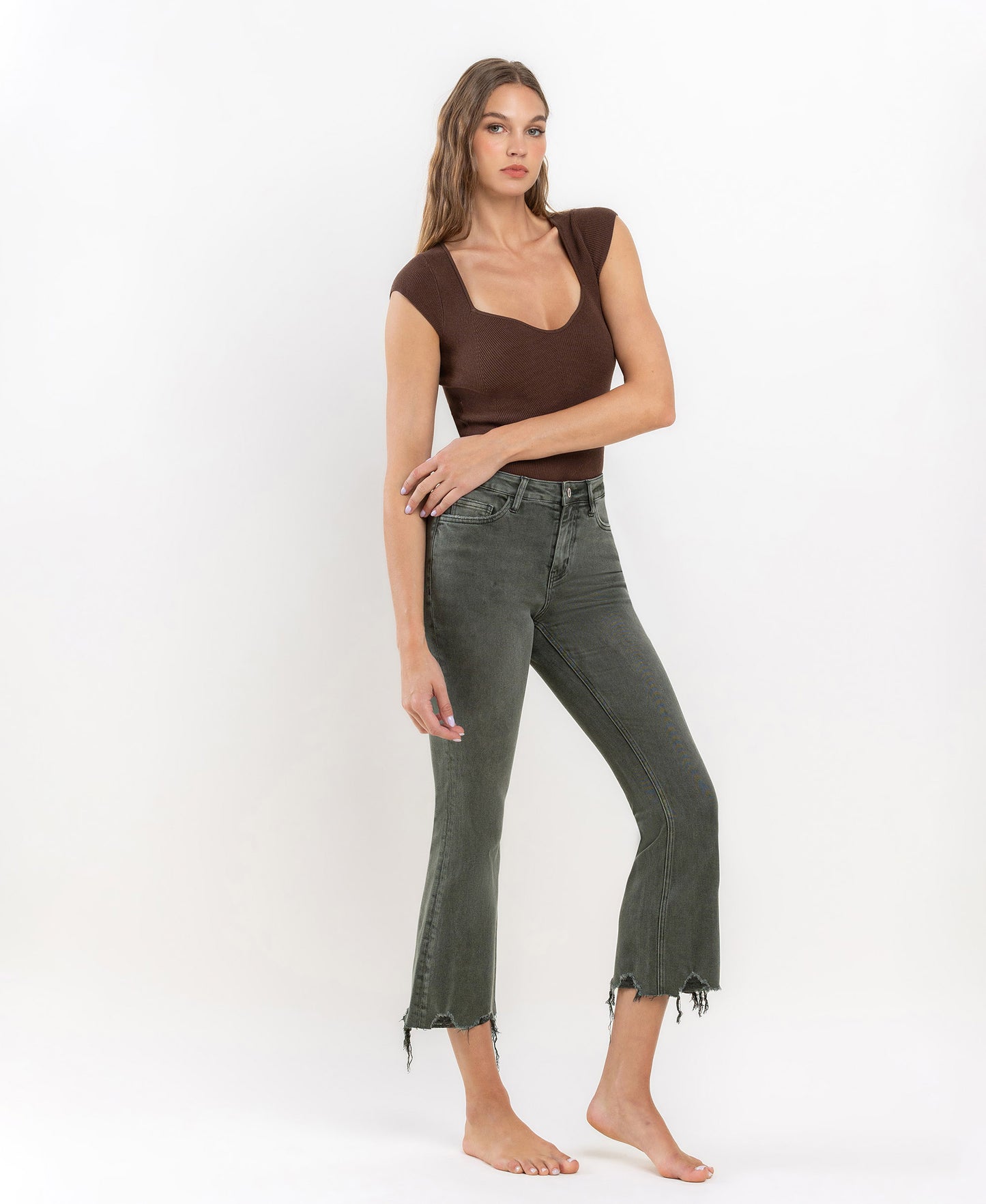 Bella- HIGH RISE DISTRESSED HEM CROP FLARE JEANS