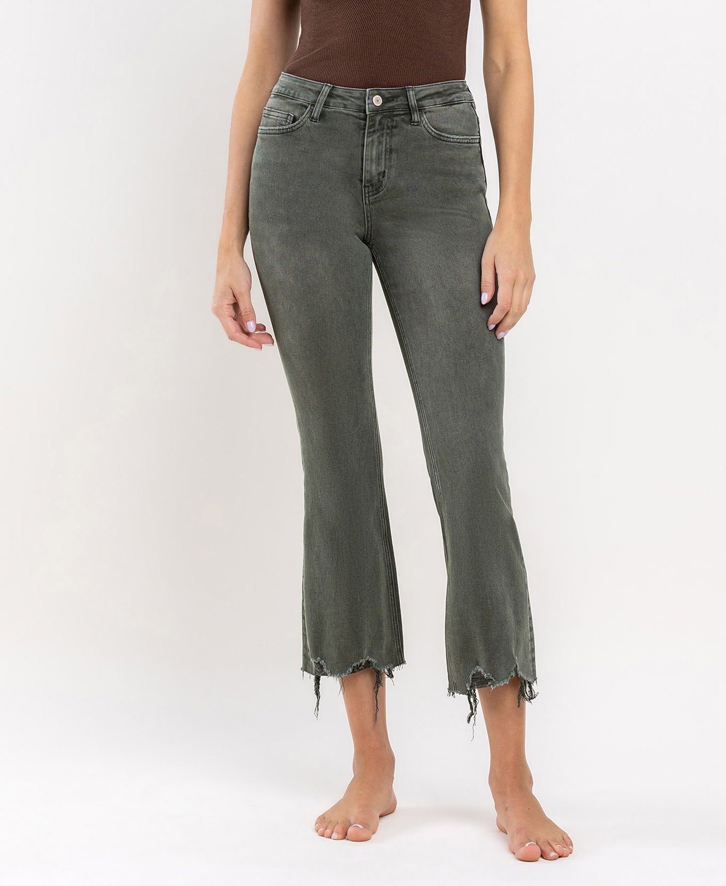 Bella- HIGH RISE DISTRESSED HEM CROP FLARE JEANS