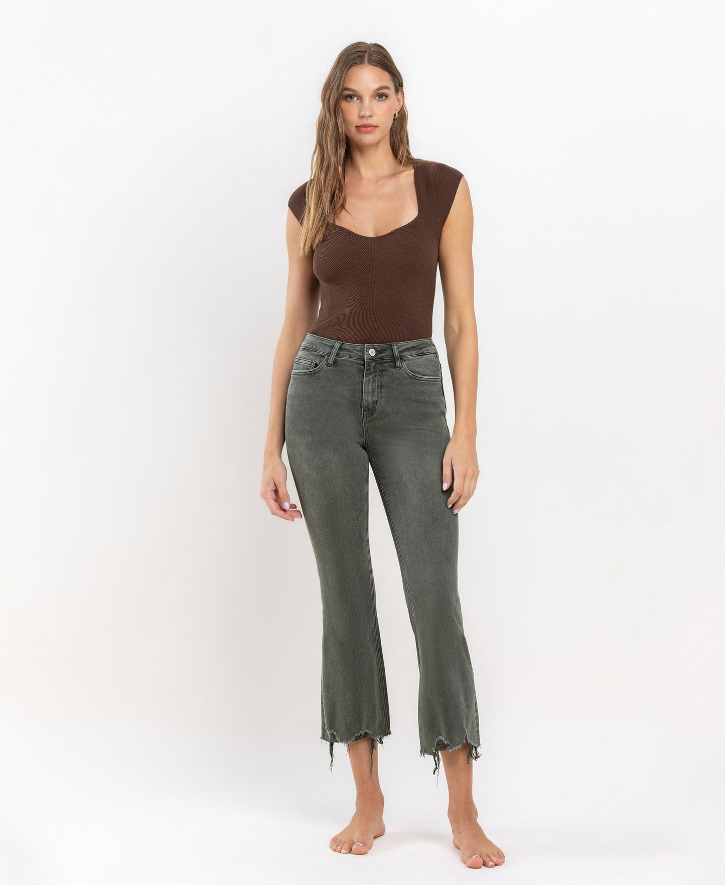 Bella- HIGH RISE DISTRESSED HEM CROP FLARE JEANS