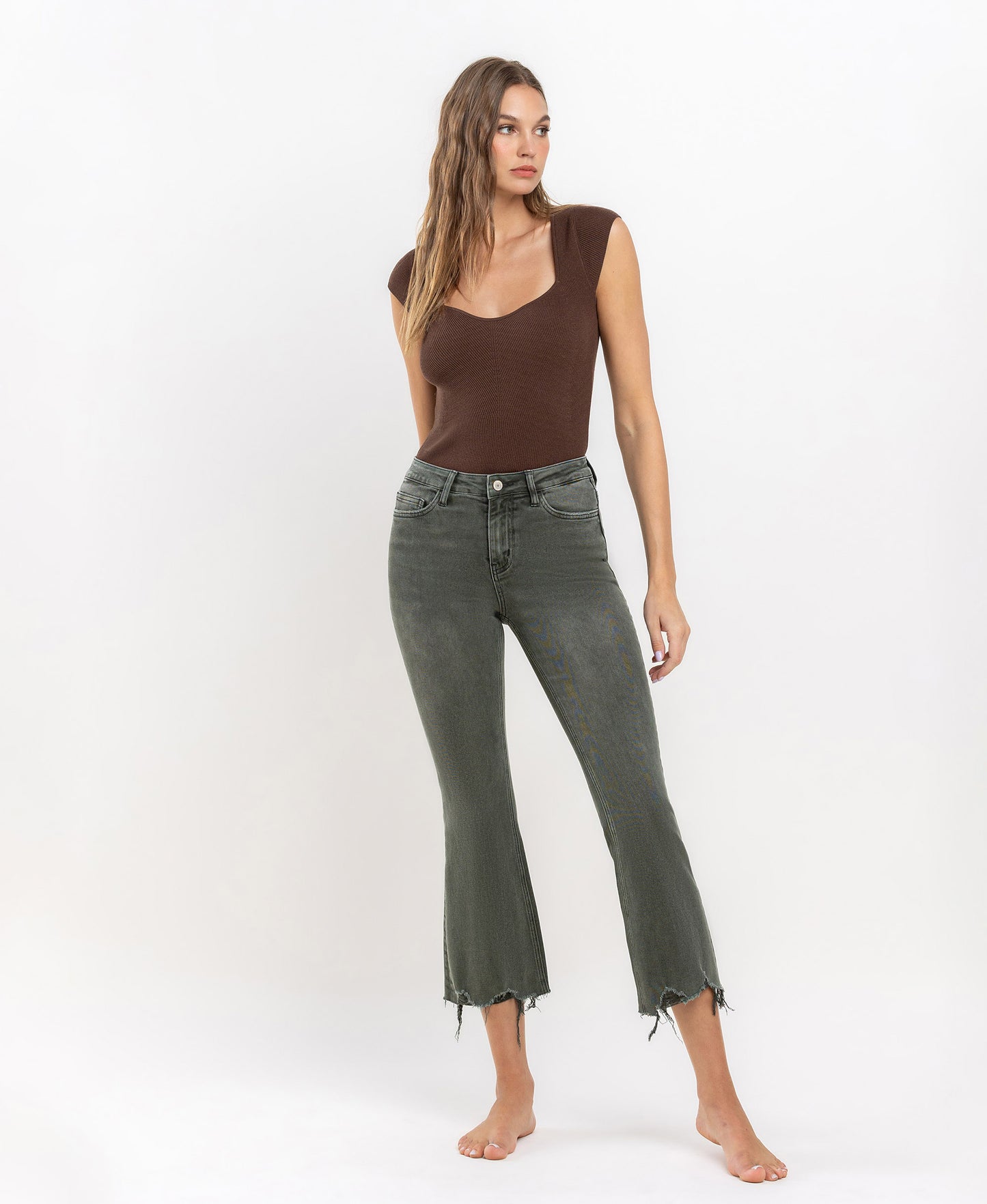 Bella- HIGH RISE DISTRESSED HEM CROP FLARE JEANS