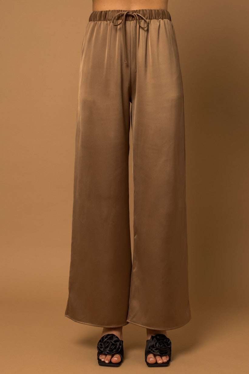 Elastic Waist Tie Satin Pants