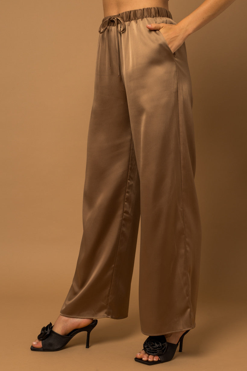 Elastic Waist Tie Satin Pants