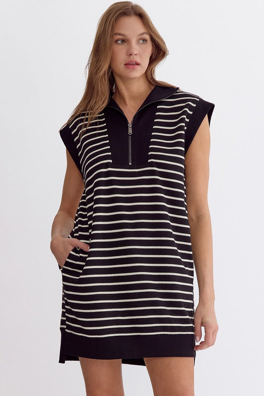 Stripe Ribbed Mini Dress With Zip Detail