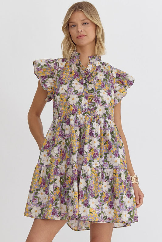 Floral Print Ruffle Sleeve Dress