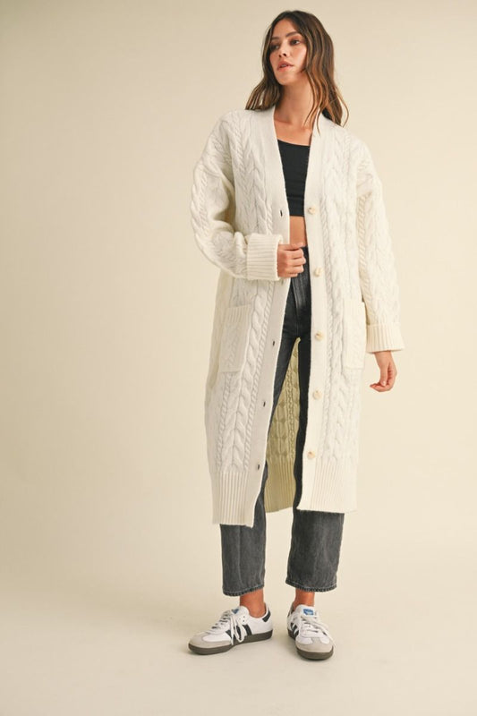 Cable knit long midi cardigan