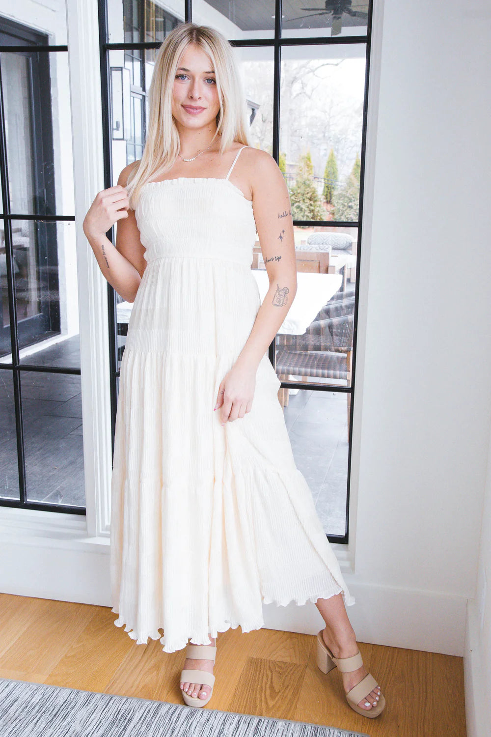 Solid Tiered Pleated Midi Dress